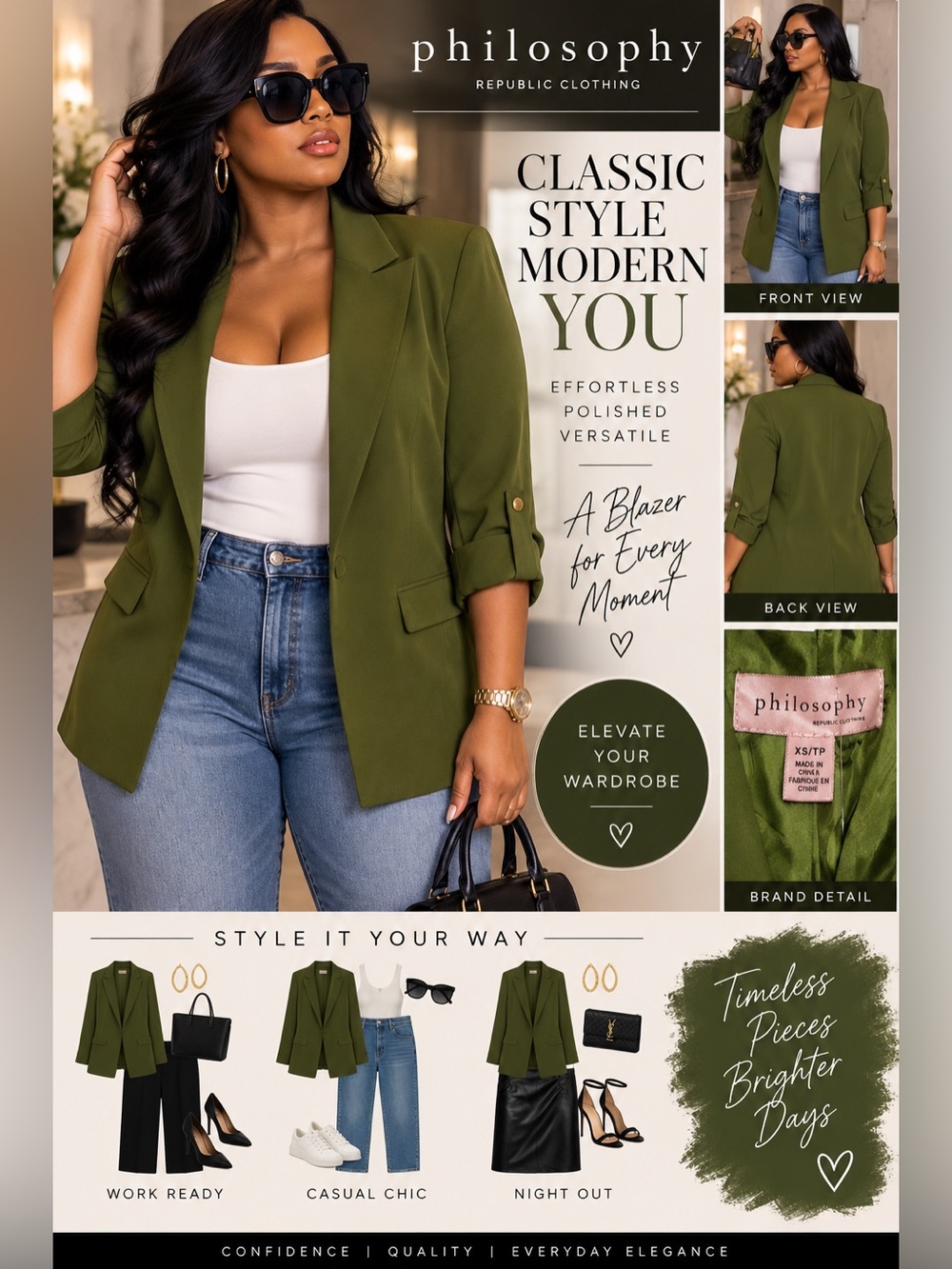 Philosophy Olive Green Women's Blazer — Tailored Open-Front Jacket size XS